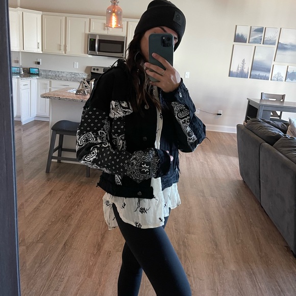 West Side Black Bandana Distressed Denim Jacket - Picture 3 of 14